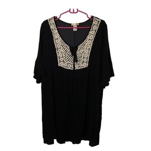 Lavish Black Lace-Trimmed‎ Women's Top, Floral Embroidered Boho Tunic.